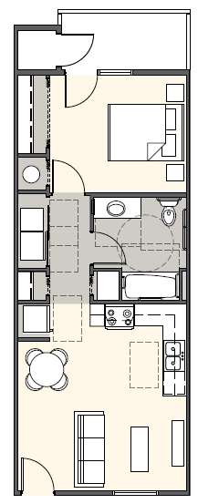 Floor plan for 1 bed, 1 bath, 584 sqft